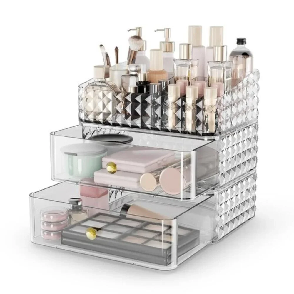 New Clear Stackable Makeup Organizer with 2 Drawers & Tray for Vanity & Jewelry